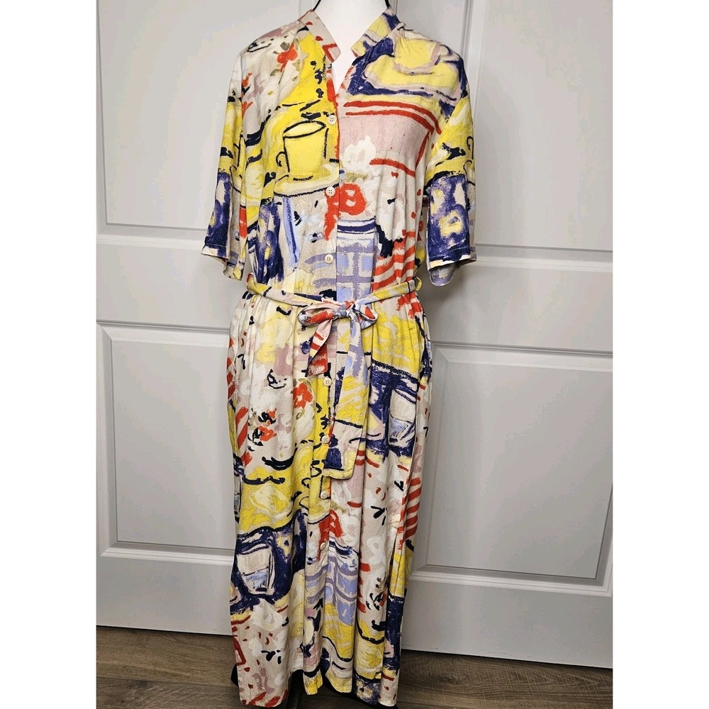 Jams World Button Up Shirtdress Belted BIstro Pattern Size Medium Maxi Hawaii
